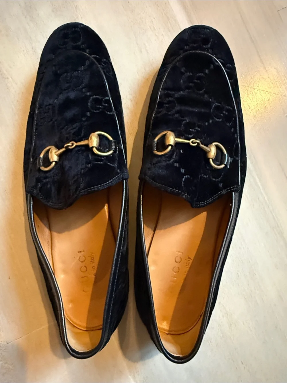 Men’s Gucci Black Velvet Horsebit Loafers with Gold Hardware Size 8 1/2